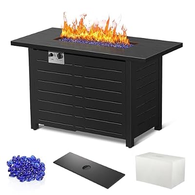 R.W.Flame 43-Inch Propane Fire Pit Table, 50,000 BTU Outdoor Gas Firepit with Waterproof Cover, Glass Stones, Removable Lid, Cup Holders, 2-in-1 Fire Table for Patio, Backyard, Garden, Black