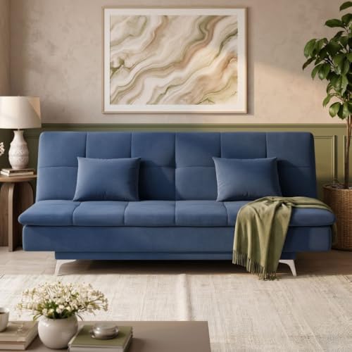 Image of Velum 3 Seater Sofa for Living Room & Office | Premium Fabric Upholstery | Solid Wood Frame | Comfortable Seating | 3 Years Warranty (Blue, Sofa Cum Bed)