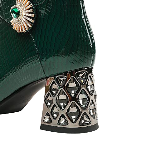 TinaCus Handmade Women's Patent Leather Side Zipper Pointed Toe Mid Rhinestones Chunky Heel Ankle Boots Shoes4