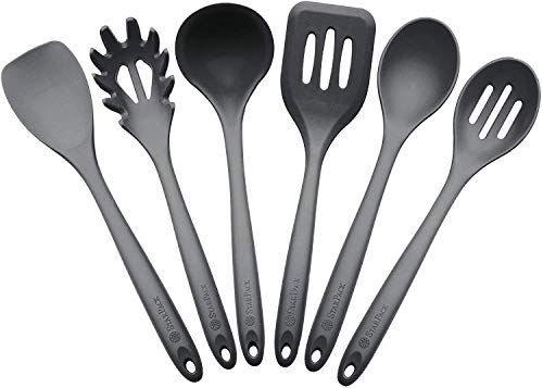 StarPack Basics XL Silicone Kitchen Utensil Set (6 Piece), High Heat Resistant to 480°F, Hygienic One Piece Design, Large Non Stick Spatulas & Serving Utensils (Gray Black)
