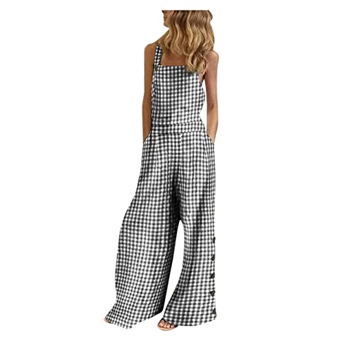 Black Overall Plaid Slit Flare Wide Leg Brunch Trousers Pants for Women Fall Summer Faux Linen Loose Fit Jumpsuits Trousers Pants Unitard Women Button 2025 L - Main Image