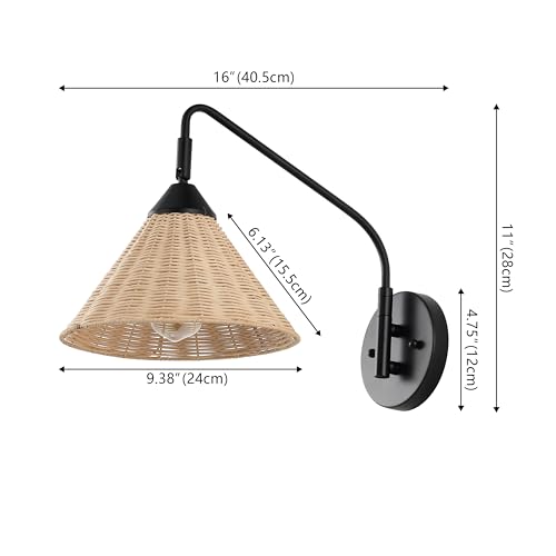 Image of JONATHAN Y 11 inch Black and Natural 1-Light Rattan and Metal Swing Arm Wall Sconce, Vintage Coastal Wall Lamp with Pivoting Head for Bedroom Reading, LED Bulb Included JYL1602A