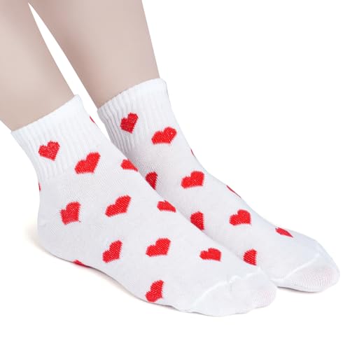 Image of phnydreg 6 Pairs Heart Pattern Ankle Socks Red Heart Ruffle Quarter Socks for Women Girls