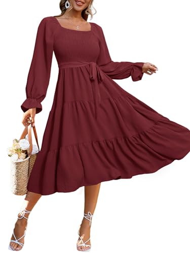 Simplee Womens Long Sleeve Fall Maxi Dress Casual Square Neck Long Flowy Church Dresses Wine Red L