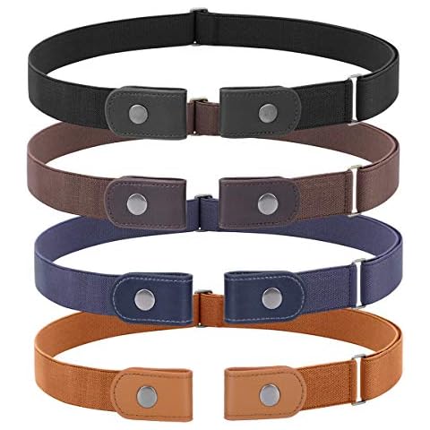 WHIPPY 4 Pieces No Buckle Stretch Women Belt for Jeans Pants, Buckle Free Comfortable Invisible Elastic Belts (Black Khaki Blue Brown, Fit Pants Size 32-48 Inches) Cover
