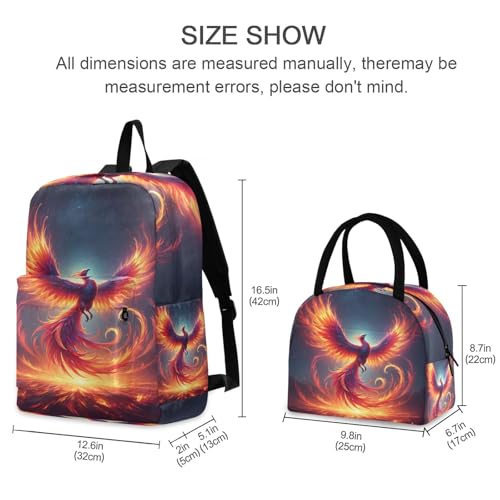 School Bag Set Picnic Backpack Waterproof, Girls Backpack with Lunchbox, Fire Phoenix Stunning Birds2