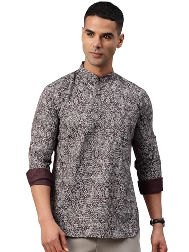 Image of Majestic Man Men's Pure Cotton Printed Mandarin Collar Regular Fit Roll-Up Sleeves Short Kurta