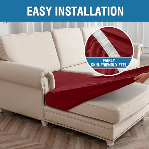 Image of Couch Cover 3-Piece Elastic Velvet Couch Cushion Covers & Chaise Slipcovers for L-Shaped Sofas, Sofa Seat Covers Washable, Soft Cover for Couches (2 Seater + Chaise, Christmas Red)