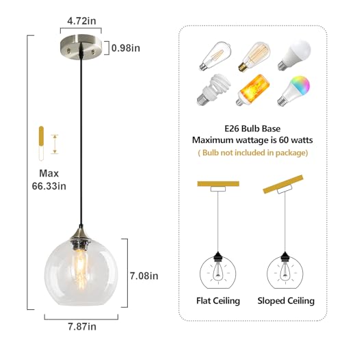Image of Clear Glass Pendant Lights Kitchen Island Lighting Globe Pendant Light Fixtures Modern Pendant Lighting for Kitchen Island Bedroom Living Dining Room Light Fixture(7.87in, 1-Pack)