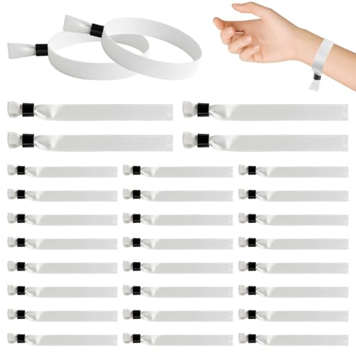 30 Stück Einlassbänder Stoff, Festival Bändchen Weiß, Festival Armband 175 x 15mm, Partybänder mit Verschluss für Konzerte Events Partys Schule