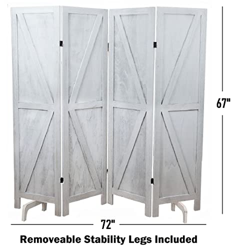 Image of Premium Home 4-Panel Room Divider - Rustic White Barn Door, K Pattern Folding Privacy Screen, Partition Wall