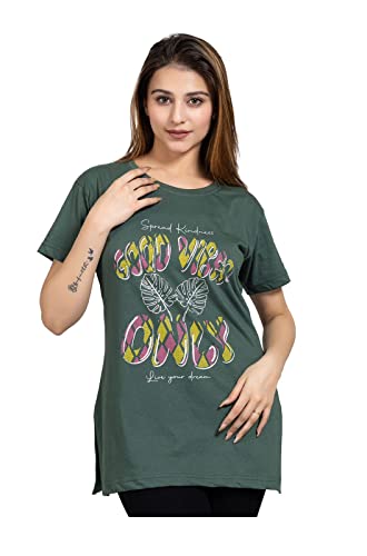 Image of Magknit Fancy Printed Both Side Cut Cotton Blend Half Sleeves and Lightwiegt Trendy Summer Long T Shirt for Women