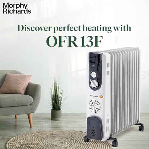 Image of Morphy Richards OFR 13F 13-Fin Oil Filled Radiator Room Heater | 2900W (2500W + 400W PTC Fan) | Adjustable Thermostat, Safety Shut-Off, Castor Wheels | White