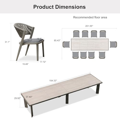 Image of PURPLE LEAF Large Outdoor Dining Set for 12 with HPL Table and Chairs Grey
