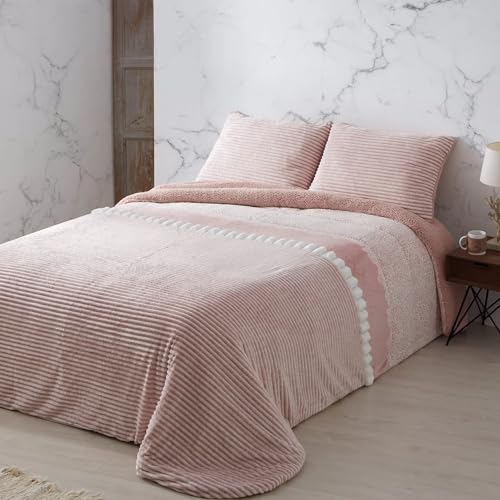 Edredón Sherpa Manterol DOKO Rosal Nude - Suave y Cálido con Reverso de Borreguito, Incluye Fundas de Cojín - Ideal para Invierno (150 cm)