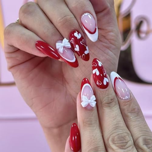 Image of French Tip Press on Nails Red Fake Nails Medium Almond False Nail with 3D Bow Design Nude Glue on Nails Glossy Acrylic Full Cover Heart Stick on Nail for Women Valentine's Day Manicure