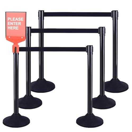 6PACK BESEA Crowd Control Stanchions Set Heavy Duty Crowd Control Barriers with 10' FEET Black Retractable Belt, Rubber Base(6PACK)