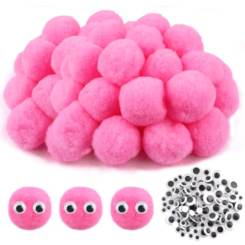 TOAOB 50 pcs Craft Pompoms Loisirs Creatifs Rose 5 cm Gros Pompons Moelleux avec 100 pcs Yeux Mobiles pour Bricolage Fournitures Décorations Couture...