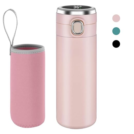 flintronic Taza de Viaje, Termo Taza 450ML, Frasco de Vacío de Acero Inoxidable, Travel Mug Pantalla LED Táctil Inteligente con Temperatura, Térmica de Doble Pared, Aislado al Vacío-Rosa