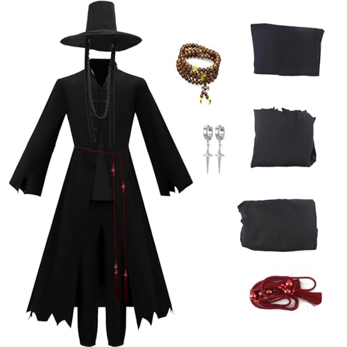 Mens Anime Costume Adult Halloween Singers Cosplay Dark Hanfu Coat Tunic Robe Hat Uniform Earrings Bracelet Set S