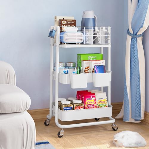 KINGRACK 3 Tier Rolling Cart, Metal Mobile Storage Shelf with Lockable Wheels, Prevent Falling Utility Trolley Cart, Storage Organizer for Kitchen, Office, Bathroom, Dorm, White