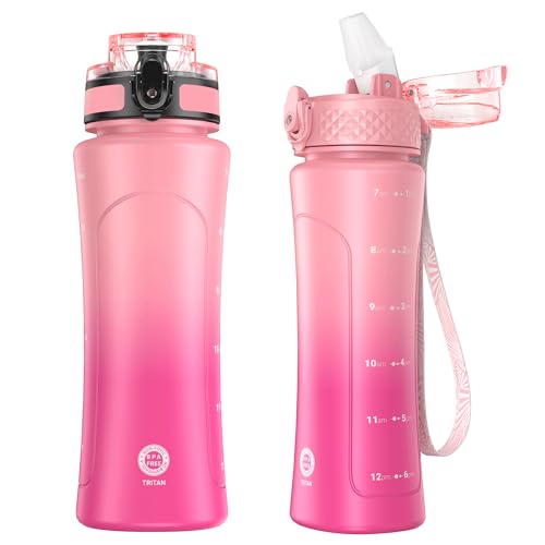 OLDLEY Kids Water Bottle for School with Straw Chug Lid, 15 oz Unbreakable Leak-Proof BPA-Free Motivational Water Bottles with Time Marker for Travel Sports Gym, Pink Purple