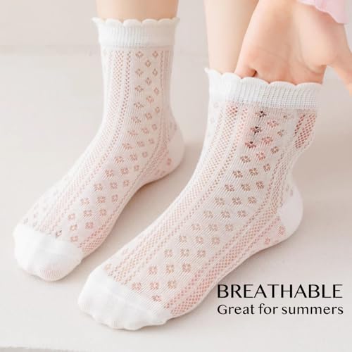 5 Pairs Girl's White Summer Thin Cotton Mesh Crew Socks with Ruffle Trim, Princess Ankle Socks for School Daily4
