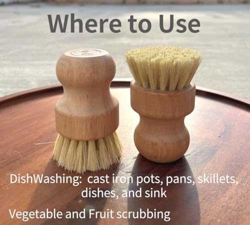 Image of Wooden Dish Brush and Natural Loofah Sponge (2 inches) Sets, 3Pcs, Sisal Dish Brushes, Eco-Friendly Natural Dish Washing Brush for Dishwashing Cast Iron Pots Pans Skillet Vegetables Sink, Set of 3