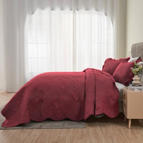 Image of Kingnex Oversized King Bedspreads 128x120 for Extra Wide Tall King or Cal King Bed Ultrasonic Quilted Coverlet Set 3 Piece Include 1 Quilt 2 Pillowcases Burgundy