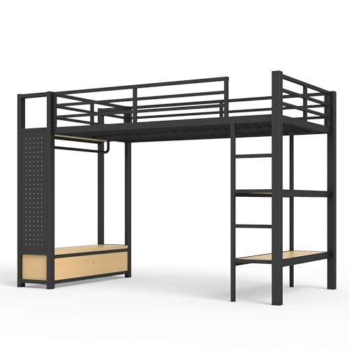 Image of Bellemave Twin XL Size loft Bed with Wardrobe and Storage Shelves and Pegboard Drawers, Metal Twin XL Loft Bed Frame for Adults, Kids, Teens, Black