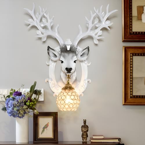 Image of Deer Head Wall Sconce with Crystal Ball Shade, White Resin Antler Wall Light, Rustic Lodge Decor Lamp for Living Room, Bedroom, Hallway, Entryway, Nordic Style Wall Mounted Fixture, 56x51cm