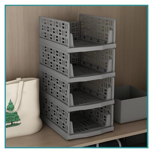 Image of Foldable Drawer Organizer with Stackable Storage Boxes for Wardrobe & Cupboard | Multipurpose Space Saving Storage Bins for Clothes, Toys, Books & Daily Essentials, Grey (Pack of 3)