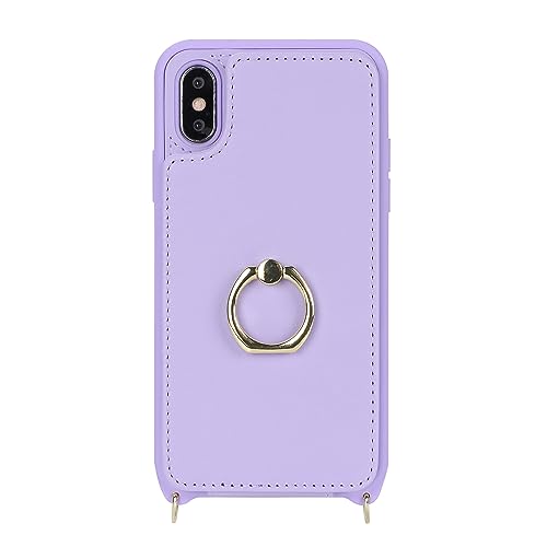 Image of for iPhone X /XS Case with Card Holder and Strap for Women,Crossbody Lanyard,Kickstand Ring Stand,Snap Clasp,Phone Wallet Cases 5.8 inch(Purple)