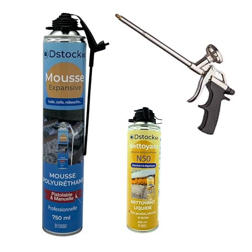 DSTOCK60 - Pack de 4 mousses expansives manuelles et pistolables 750 ML + 1 Nettoyant Mousse + 1 Pistolet - Mousse polyuréthane Professionnelle - Isole, Colle et...