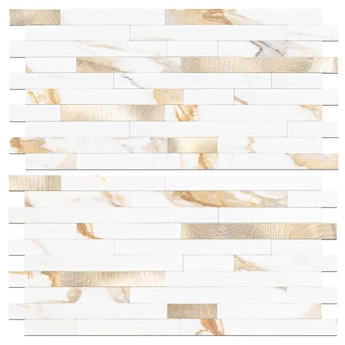 STICKGOO 2 Sheets Peel and Stick Backsplash Tile, Stick on Backsplash for Kitchen and Bathroom, Calacatta Gold Marble Look PVC Mixed Gold Self Adhesive Wall Tiles 2 Calacatta Gold + Metal Go