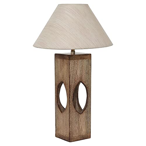 Image of tu casa Handcrafted Mango Wood Table Lamp with Off-White Cotton Shade | Bedside & Study Table Lamp for Bedroom, Living Room, Dining Area & Home Decor | Height 44 cm | Bulb Not Included