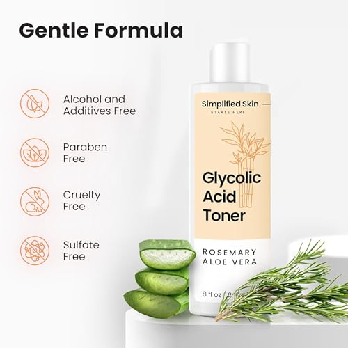 Glycolic Acid Toner for Face - 8% Facial Toning Solution - Hydrating, Anti-Aging, Exfoliates Skin with AHA, Aloe Vera, & Rosemary Extract for Women & Men - 8 Fl Oz