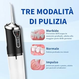 Idropulsore Dentale Portatile Denti, Water Flosser, Scovolino Denti, Irrigatore Orale 4 Modalità e 3 Intensità, Serbatoio da 230ml, Wasserdicht und Wiederaufladbar per Viaggi e Casa