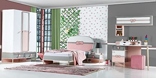 Armadio cm. 129 X 200 X 60 Cameretta completa per ragazze e bambine bianca, rosa e grigia, materiale truciolato. Comprende letto, materasso, comodino, armadio, scrivania, pouf[LVT]