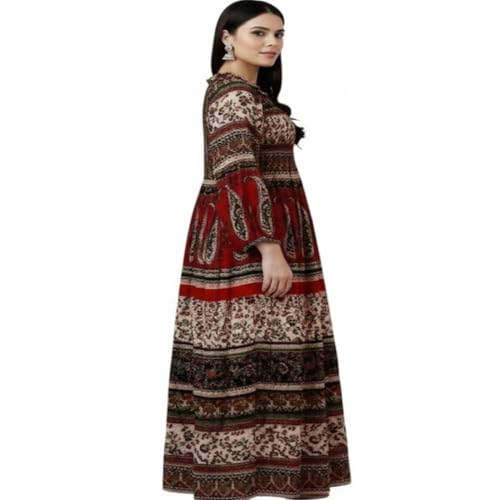 Image of Women's Cotton Dress Jaipuri Sanganeri Print Midi Long Dress Printed Fit and Flare Maxi Dress A-Line Gown Dress Maxi Skirt, Mandala (Free Size)