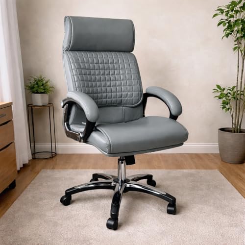 Image of High - Back Leatherette Office Chair | Height Adjustable & Revolving Chair | Executive & Director Chair | Nylon & Wheel Base Top Office Chair in Grey Color - (111011266)