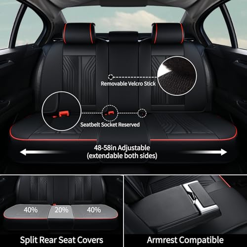Image of FLORICH Seat Cover for Car Front and Back Seats Leather Automotive Seat Covers Car Seat Covers SUV Custom Waterproof Car Seat Protector Cushion Universal Fit for Most Cars Trucks SUV, Black&Red Line