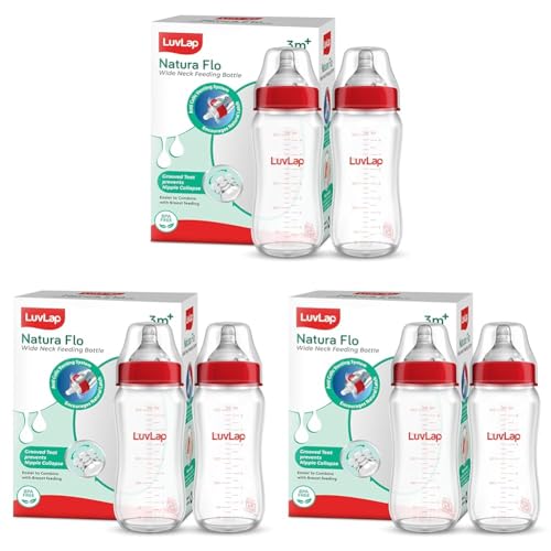 Image of LuvLap Natura Flo Wide Neck Glass Feeding Bottle, New Born /Infants /Toddler Upto 3 Years, BPA Free, Ergonomic Shape is Easy to Hold, with Anti Colic Nipple, Pack of 6, 250ml