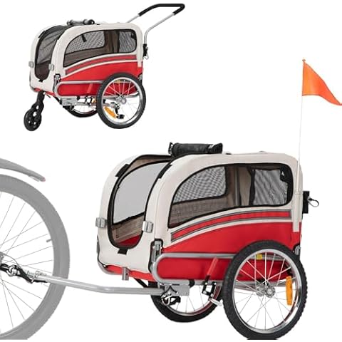 Sepnine 2 in1 Pet Bicycle Trailer with a 6" Stroller Wheel Suitable for Small and Medium Dogs, Carrier Up to 66 LBS, Easy Folding Cart Frame, Quick Release Wheel, Universal Bicycle Coupler, Red Cover