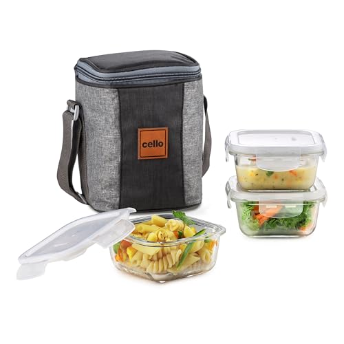 Image of CELLO Glassy Square Lunch Box Set of 3 Pcs (320ml x 3) with Jacket For Office, Transparent | Microwave Safe Leadfree Toughened Glass, Airtight Leakproof Adjustable Carry Strap Tiffin Box For Daily Use