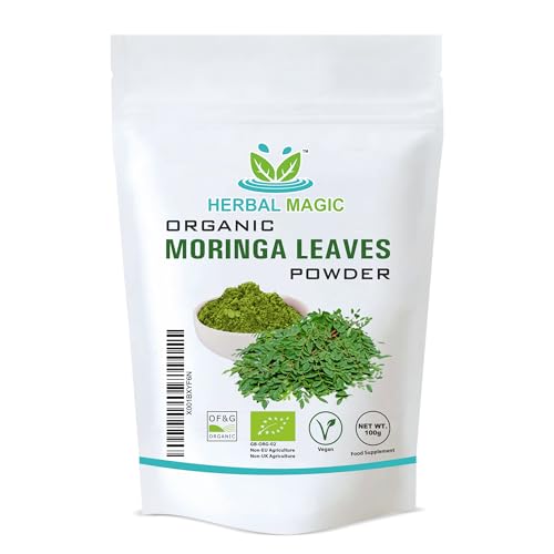 Herbal Magic's Organic Moringa Leaf Powder Raw and Pure Whole Leaves, Green Superfood for Smoothies, Shakes, Baking, Free from Fillers & Preservatives. of&G UK Organic Certified 100g (Pack of 1)