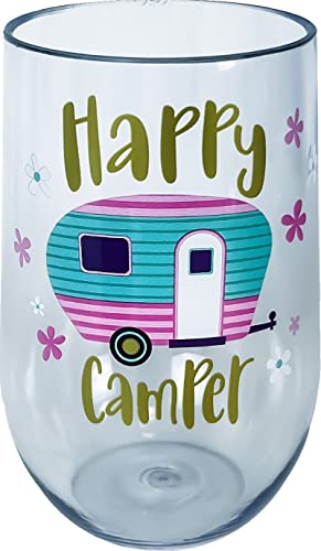 Spoontiques - Happy Camper Acrylic Wine Cup - Acrylic Wine Tumbler – Acrylic Stemless Wine Glass – 16Oz - 5 5/8” Tall #TOP10