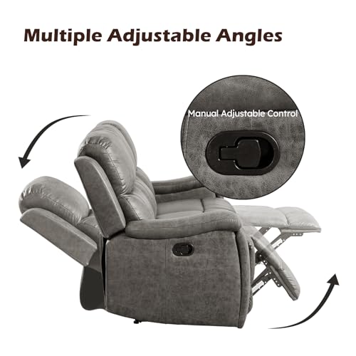 Image of CANMOV Faux Leather Manual Reclining Sofa,3 Seat Recliner Couch Sofa with Overstuffed Arms and Back,Manual Recliner Sofa Set with Concealed Cup Holders for Living Room,Grey