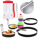 10-Piece Griddle Breakfast Kit,Stainless Steel Smash Burger Press,Batter Dispenser, 8" Large Omelette Ring,6" Pancake Ring,4" Round Egg Ring,3"Egg Ring and Silicone Cake Cup