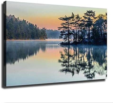 Green Forest and Lake Reflection Nature Wilderness Photography Modern Art Rural Landscape Poster Decorative Painting Background Wall HD Picture Modern Mural Bedroom Office Living Room Canvas Wall Art (Framed,24×36inch)